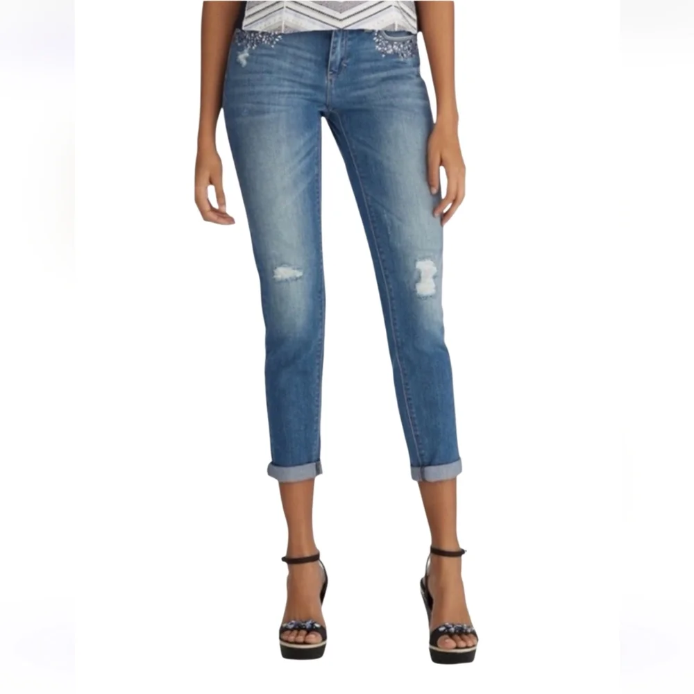 WHBM Low Rise Girlfriend Jeans Blue Jeweled Pockets Size 0R - Picture 5 of 12